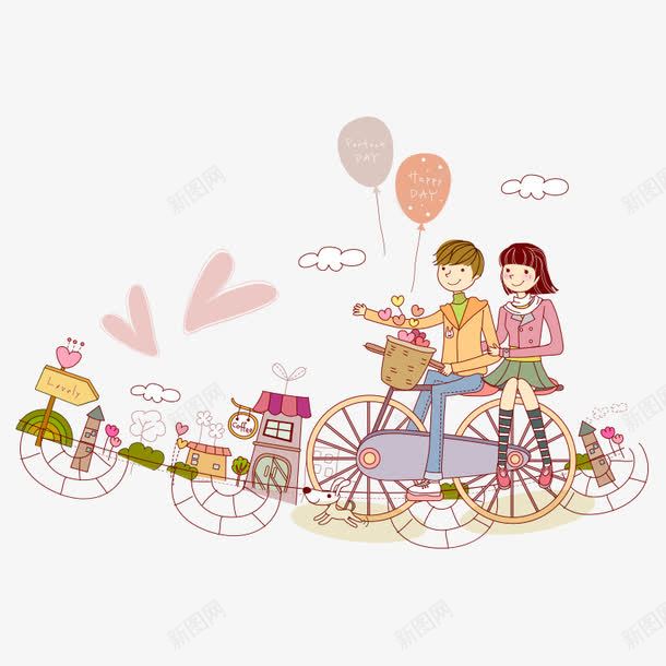 自行车上的情侣png免抠素材_新图网 https://ixintu.com 单车 卡通人物 情侣 气球 浪漫 自行车