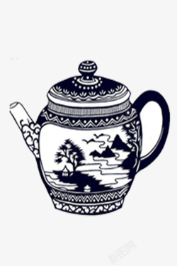山水茶壶青花瓶素材