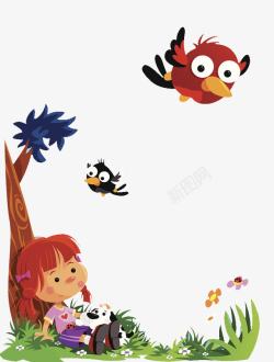 树小鸟卡通靠着树坐在草地上的女孩高清图片