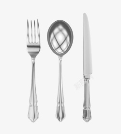 银色刀叉和不锈钢汤勺排列着素材