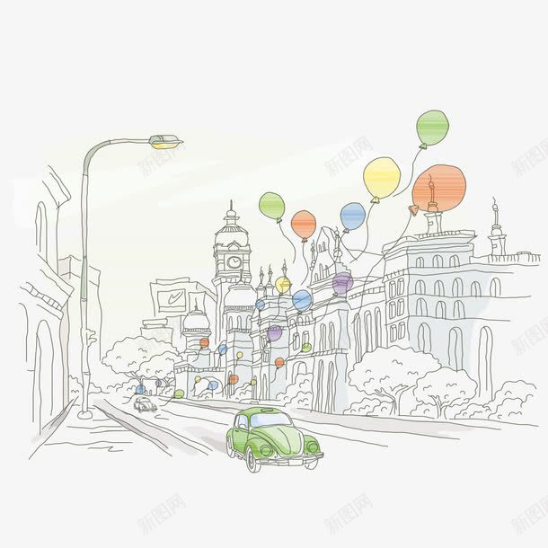 线描世界城市png免抠素材_新图网 https://ixintu.com 卡通 城市 手绘 气球 水彩 水彩路灯 汽车 线描 线描世界城市 街道 路灯
