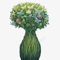 绿色蝴蝶花瓶彩绘素材