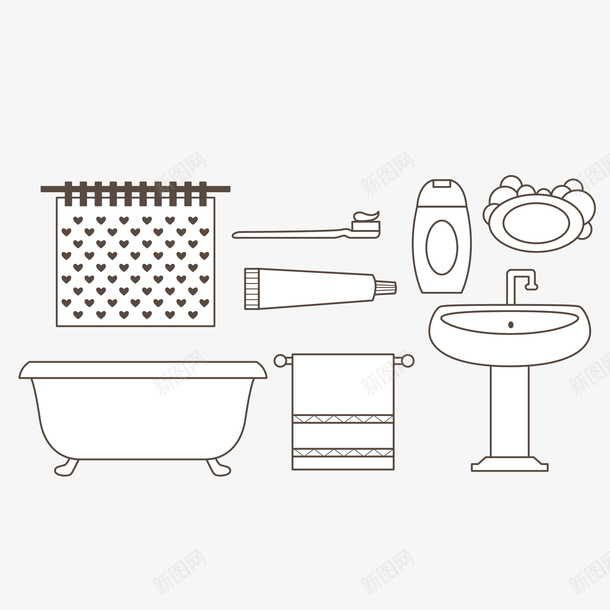 扁平化浴室png免抠素材_新图网 https://ixintu.com 水轮头 洗脸池 浴室装修图片 浴巾 浴缸 淋浴间 牙刷 牙膏 窗帘 简笔画 罗马杆 肥皂