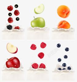 蓝莓黄桃6款水果鲜奶背景矢量图高清图片