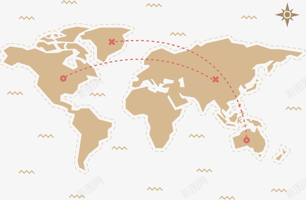 世界旅行png免抠素材_新图网 https://ixintu.com 地图 星星 棕色 目的地 飞行路线
