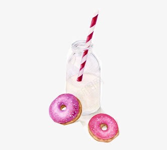手绘甜甜圈牛奶png免抠素材_新图网 https://ixintu.com 奶瓶 手绘 插画 牛奶 甜甜圈 糕点 美食 酸奶 面包 面包圈 食品