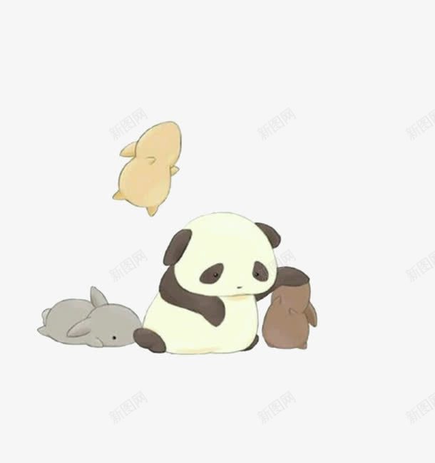 卡通手绘兔子和熊猫psd免抠素材_新图网 https://ixintu.com 兔子 动物 可爱 坐着 大熊猫 手绘 熊猫 趴着 黑白