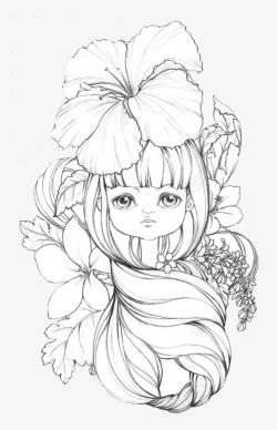 黑白花丛头戴花的小女孩高清图片
