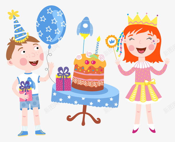 卡通生日庆祝男孩女孩png免抠素材_新图网 https://ixintu.com 儿童 创意 卡通 气球 生日庆祝 男孩女孩 礼物 蛋糕