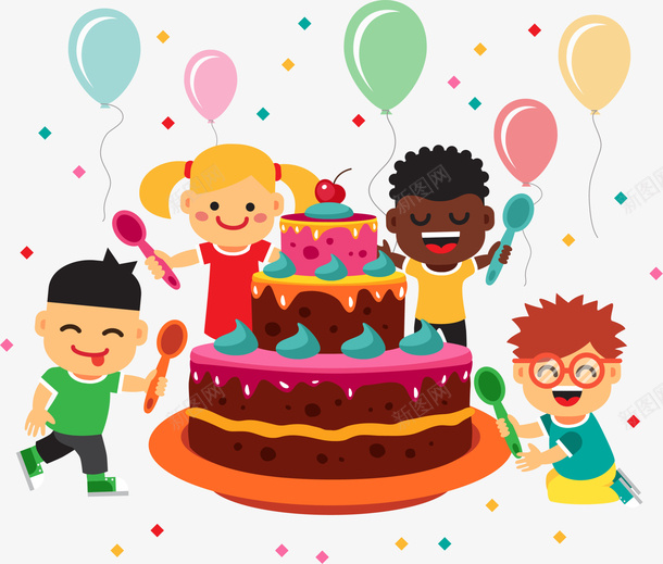 儿童节欢乐的小朋友png免抠素材_新图网 https://ixintu.com 儿童节 吃蛋糕 欢乐的小朋友 欢呼雀跃 气球装饰 高层蛋糕