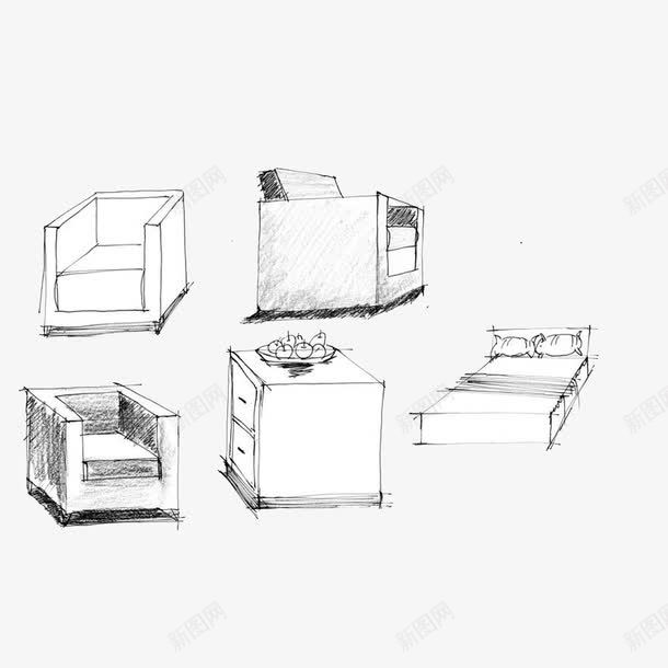 线条手绘家具png免抠素材_新图网 https://ixintu.com 家具简笔 家居用品 床 椅子 沙发 线条手绘家具