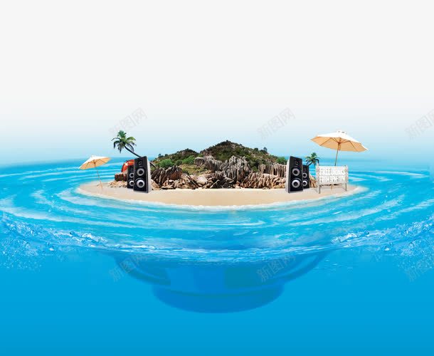 海里的小岛psd免抠素材_新图网 https://ixintu.com 小岛 水面 沙滩 海面 背景装饰 蓝色 遮阳伞