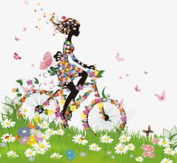 花朵单车炫彩春季女子剪影高清图片