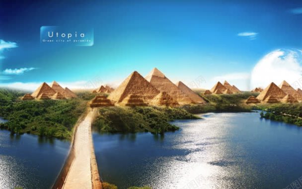 埃及金字塔天空渐变湖面背景