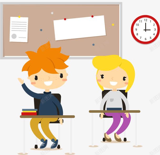 教室里的学生png免抠素材_新图网 https://ixintu.com 书桌 卡通 学生 手绘 教师 白色 简图 钟表 黄色