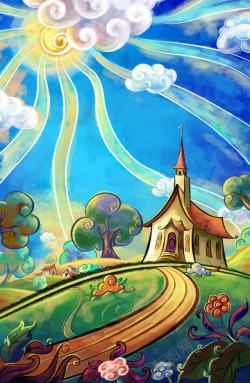 天空油画森林中的教堂油画高清图片