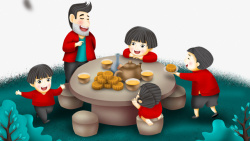 绿色月饼卡通中秋节一家人团圆吃月饼高清图片
