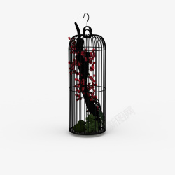 中式鸟笼玫瑰树枝黑色中式鸟笼装饰高清图片