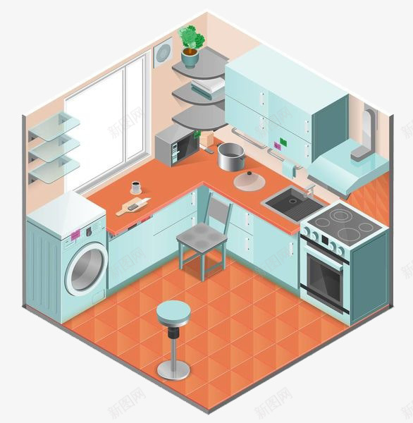 撞色厨房png免抠素材_新图网 https://ixintu.com 卡通手绘 厨房 厨房台 工具 微型 操作台 料理台 模型