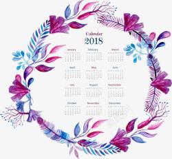 2018年月历矢量模板精美紫色水彩花环日历高清图片
