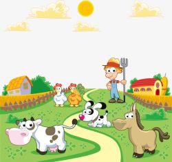 矢量小奶牛卡通农场农夫和小动物风景素高清图片