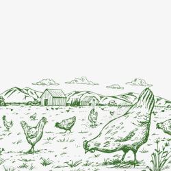 农场养鸡绿色手绘牧场高清图片