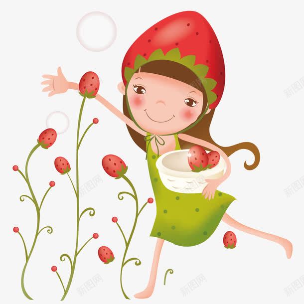 女孩在摘草莓png免抠素材_新图网 https://ixintu.com 可爱儿童插画 可爱卡通 可爱卡通女孩 手绘 插画 水果 草莓