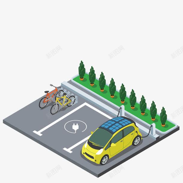 三维立体停车位和周边绿化png免抠素材_新图网 https://ixintu.com 交通工具 停车 植物 自行车