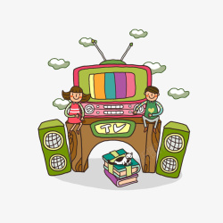 卡通学生看电视素材