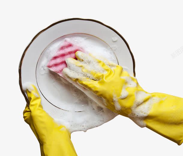 用百洁布洗碗png免抠素材_新图网 https://ixintu.com 产品实物 泡沫 泡泡 碟子 黄色橡胶手套