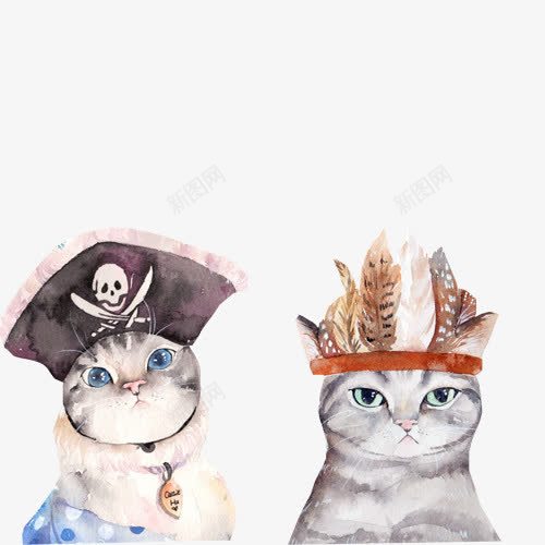 小猫戴帽子手绘画png免抠素材_新图网 https://ixintu.com 印度帽 手绘画 海盗帽 短毛猫 趣味色彩