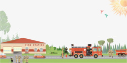 卡通手绘消防车与房屋素材