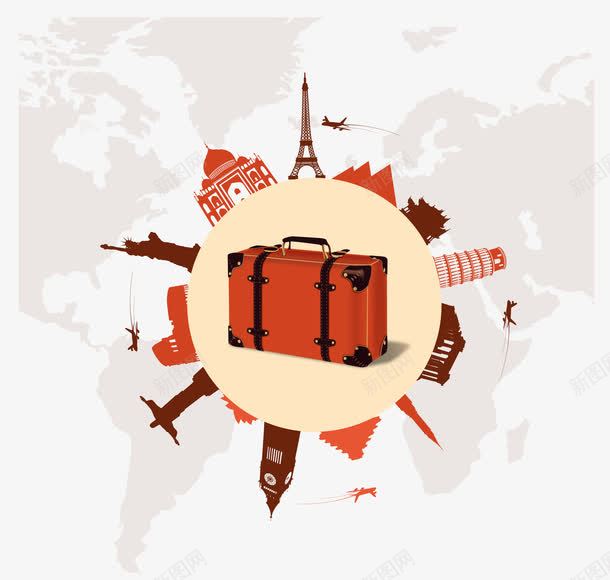 行李箱旅行png免抠素材_新图网 https://ixintu.com 世界地图 环球旅游 箱子 著名建筑物