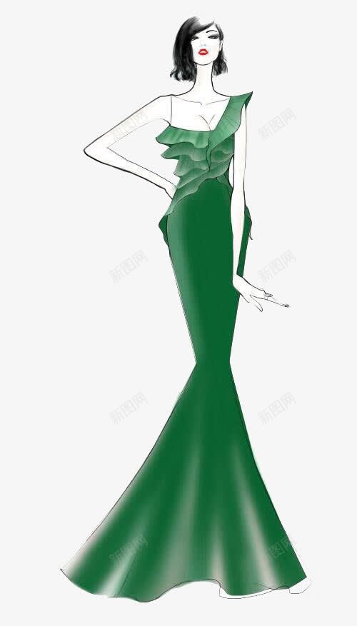 水彩模特png免抠素材_新图网 https://ixintu.com 卡通 手绘 晚礼服 服装 模特 水彩 绿色 装饰 裙子