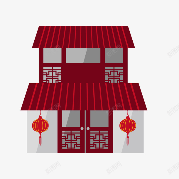 卡通中式房屋png免抠素材_新图网 https://ixintu.com 中国风 复古 建筑物 房屋设计 扁平化 灯笼