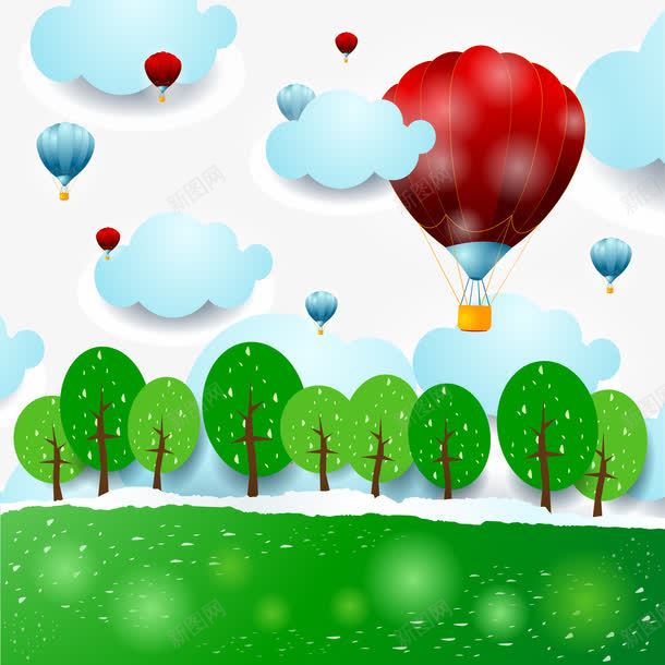 卡通绿色风景png免抠素材_新图网 https://ixintu.com 树木 植物元素 热气球 白云 绿色 草地 风景