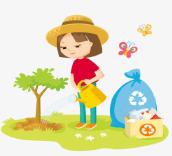 卡通小女孩浇花种树植树节素材