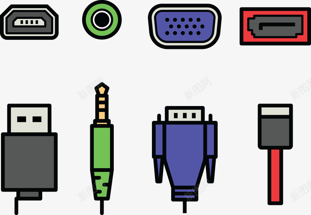 端口插头用品矢量图eps免抠素材_新图网 https://ixintu.com 圆形 彩色 数据插头 端口 耳机孔 集合 颜色 矢量图