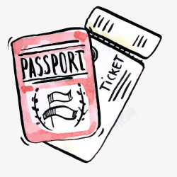 出国移民一本手绘的护照和机票高清图片