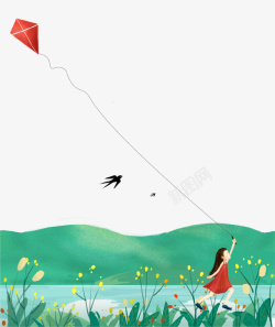 小孩春游放风筝的女孩卡通手绘创意春游放风筝高清图片