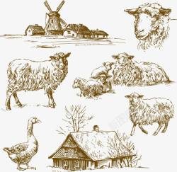 放羊鞭子手绘牧场家畜高清图片