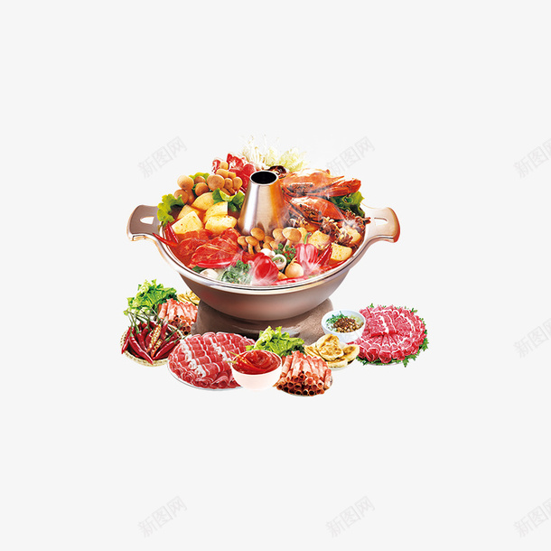 彩色火锅psd免抠素材_新图网 https://ixintu.com 吃的 彩色 美食 肉类 蔬菜 铜锅 食物