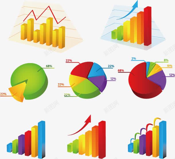 数据统计图标png_新图网 https://ixintu.com 业绩报表 商务插图 图表 数字 数据分析 数据统计 数据统计模板 柱状图 百分比 箭头 统计图标 趋势
