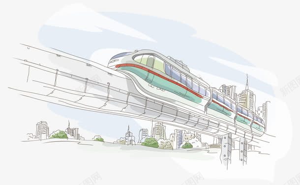 手绘水彩轻轨城市png免抠素材_新图网 https://ixintu.com 手绘的城市 水彩的城市 水彩的轻轨 矢量的轻轨