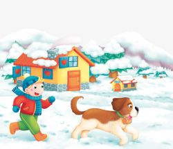 手绘秋日小镇雪地奔跑的孩子和狗高清图片