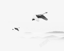 鹤与远山黑白淡水墨装饰素材