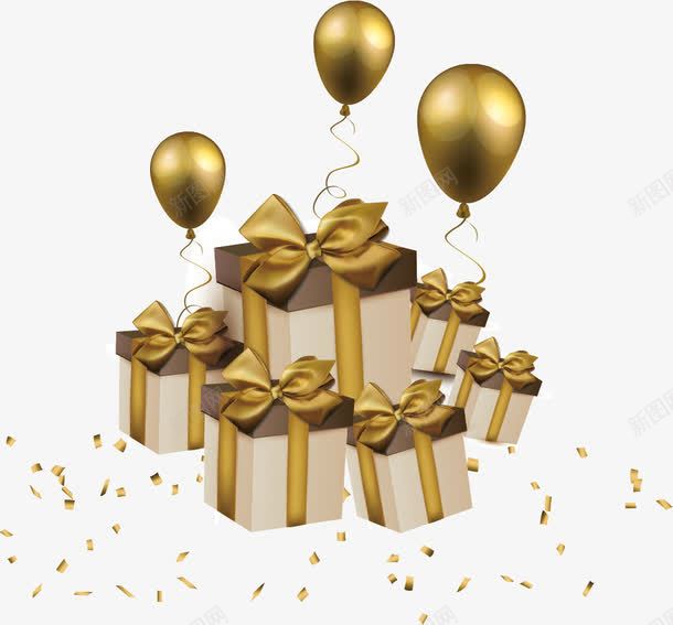 气球和礼物png免抠素材_新图网 https://ixintu.com 广告设计 气球 碎片 礼物 背景素材 节日素材 金气球 金色