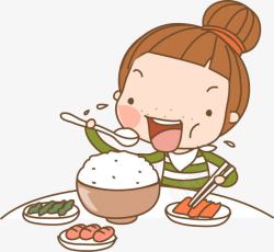 吃米饭卡通手绘吃饭的女孩高清图片