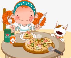 儿童用餐卡通吃披萨的女孩高清图片