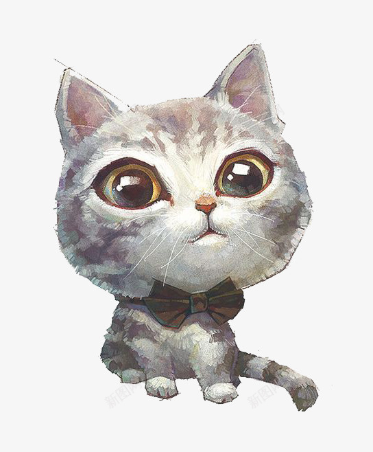 灰色猫咪png免抠素材_新图网 https://ixintu.com 卡通 大眼睛 彩色 手绘 水彩 灰色 猫咪 装饰